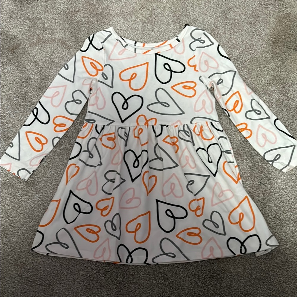 Heart Patterned Kids Dress - White, Black, Orange